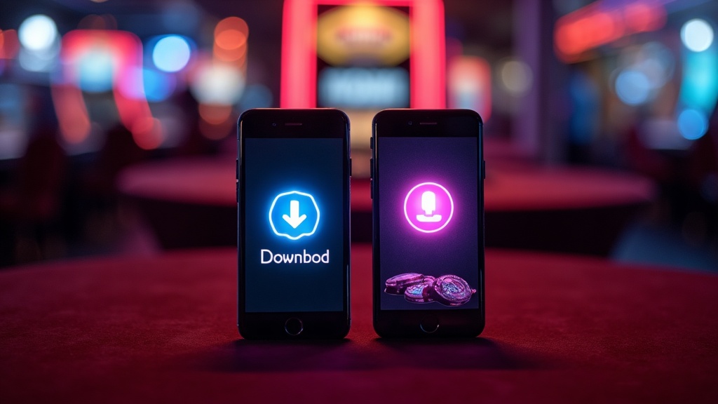 Android phone and iPhone showing mobile app download screens in a casino setting
