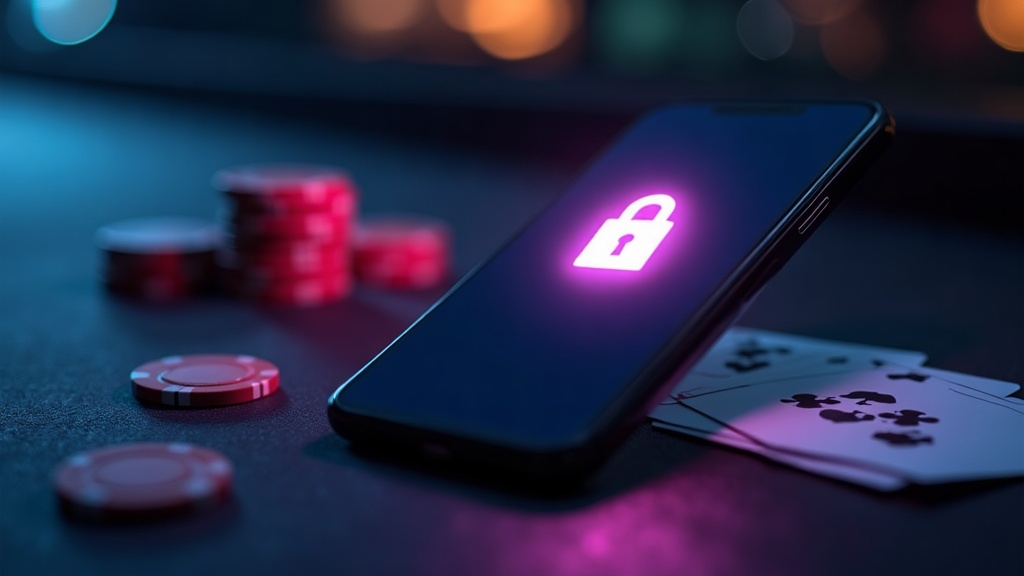 Smartphone with secure login visuals in a dark casino setting