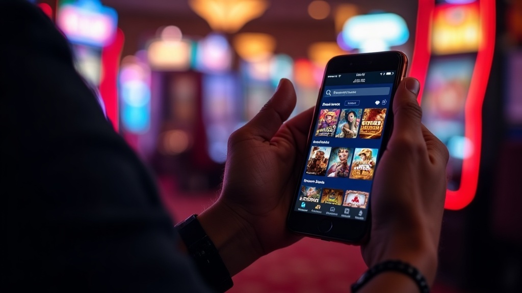 Person using a casino app on a phone with a clean lobby and game tiles