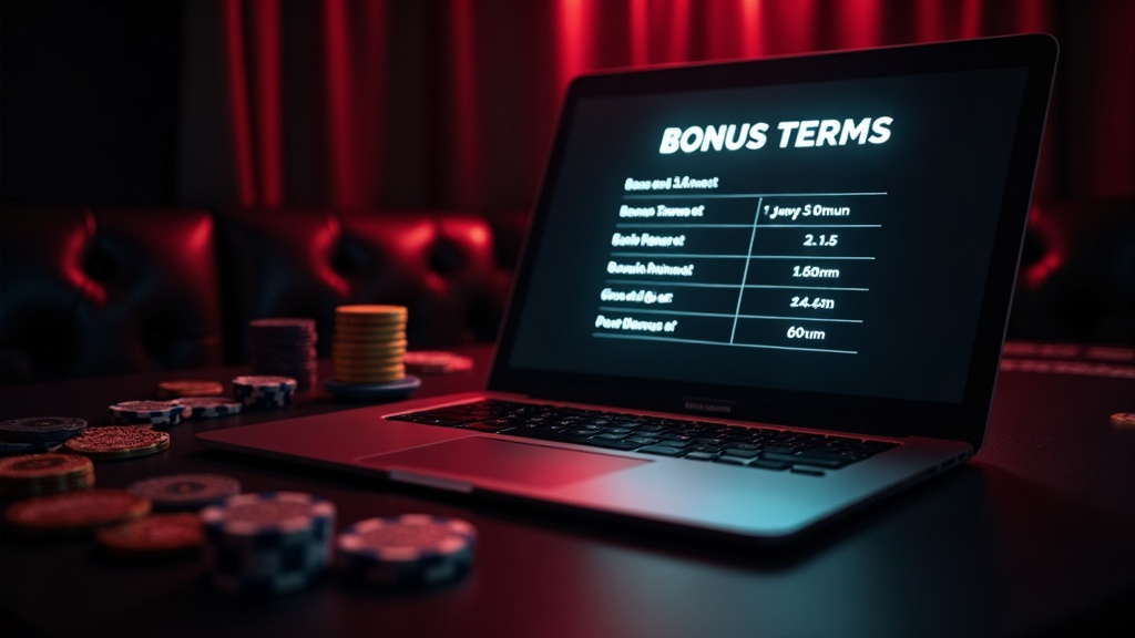 Casino bonus terms chart above chips in a dark atmospheric setting