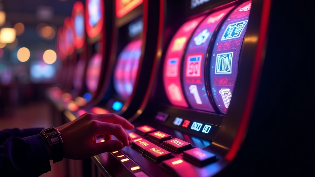 Slot machine glowing with free spins in a dark casino setting